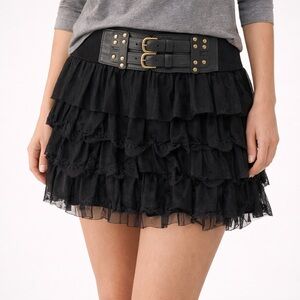 Black Tiered Ruffle Mini Skirt with Belt